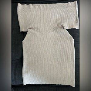 Pink Rose Ribbed Knit Off-the-Shoulder Top in Tan Size Large